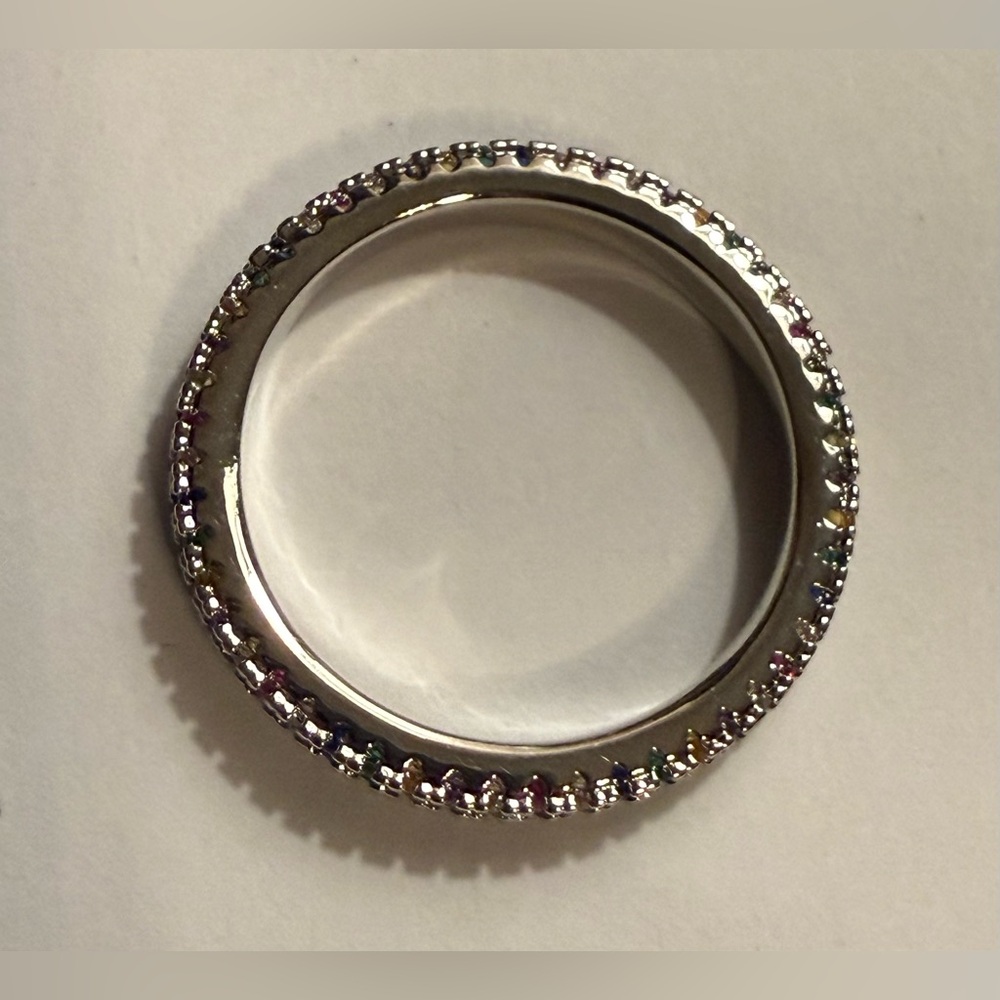 Ring - size 7.75 -New - dainty multi-color rhinestones silver tone band. - Picture 6 of 9
